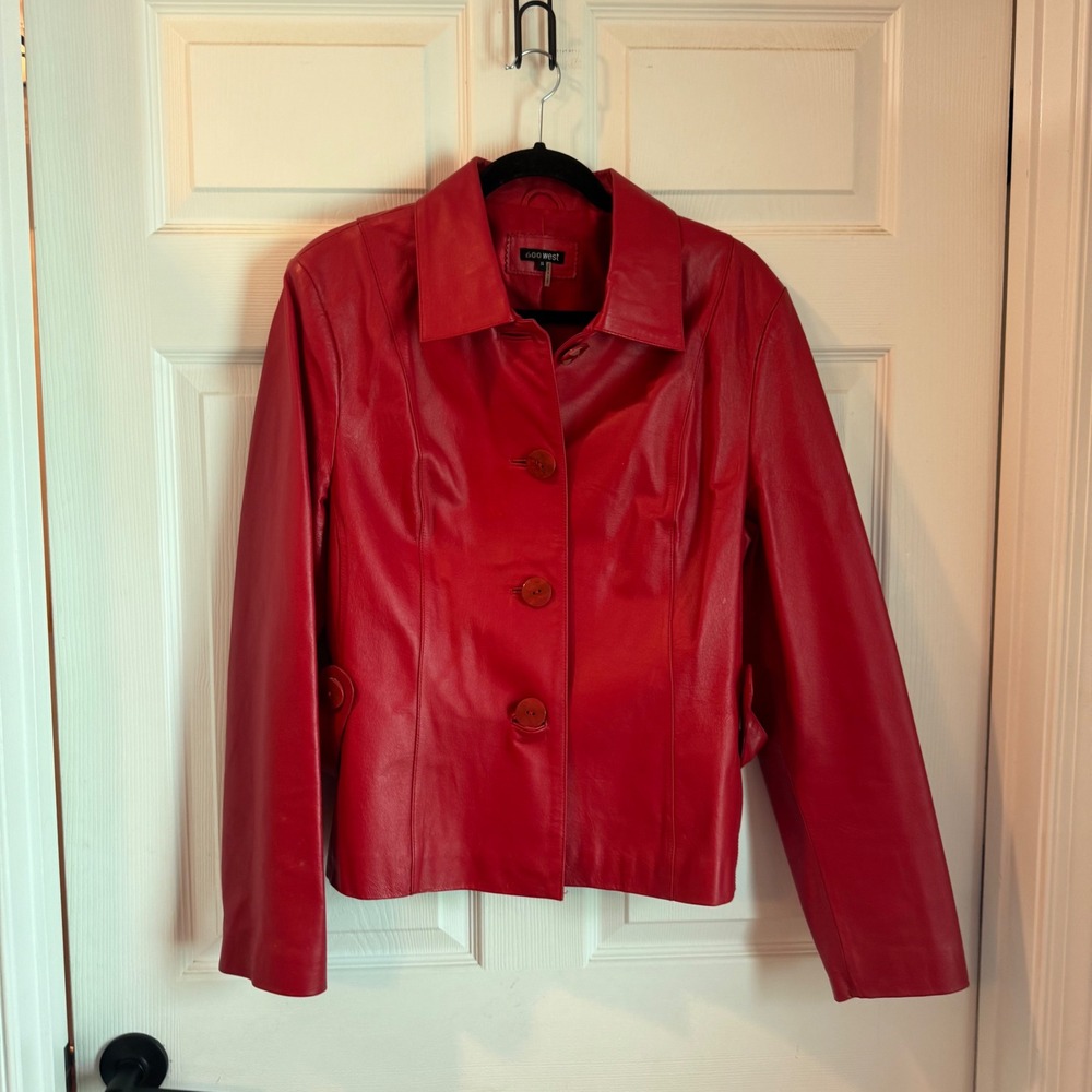 600 West Leather Jacket Women 14 Red Button Front Side Tab Moto Blazer 5451